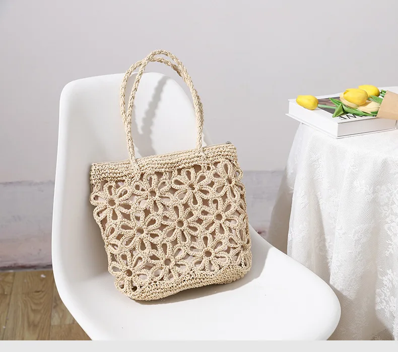 

Casual Straw Bags Hollow Flower Women Straw Woven Bag Women's Shoulder Portable Seaside Vacation Beach Rattan Bag Female Handbag
