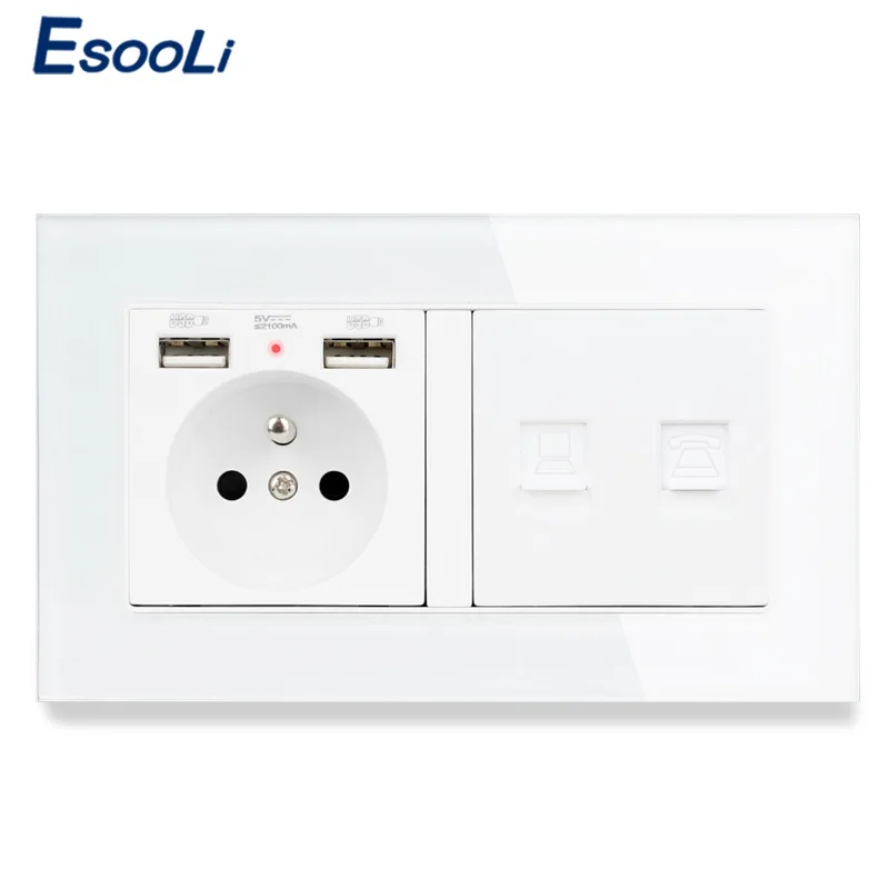 ESOOLI стеклянная панель французская стандартная розетка с 2 usb-портом для зарядки +