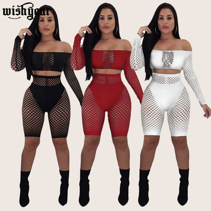 Ажурный сетчатый сексуальный комплект из двух предметов с открытыми плечами