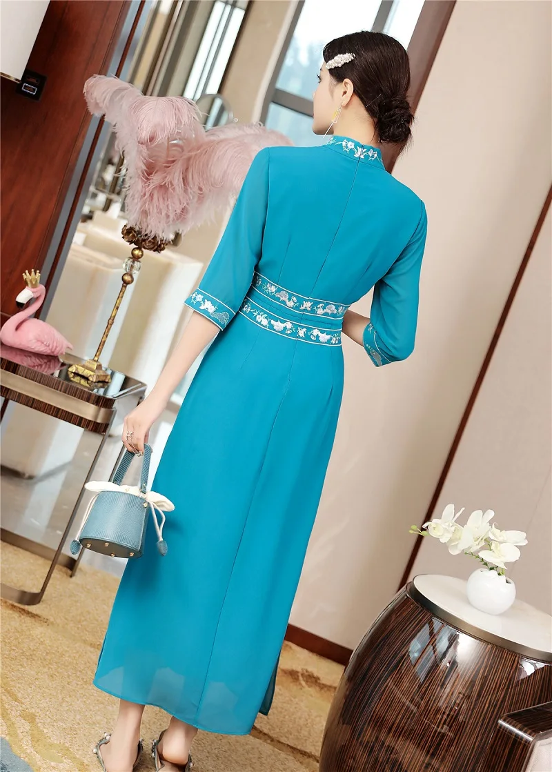 

Brand Top Quality Chinese Style Dress 2021 Women Vintage Embroidery 3/4 Sleeve Mid-Calf Black Blue White Dress Vestidos Feminino