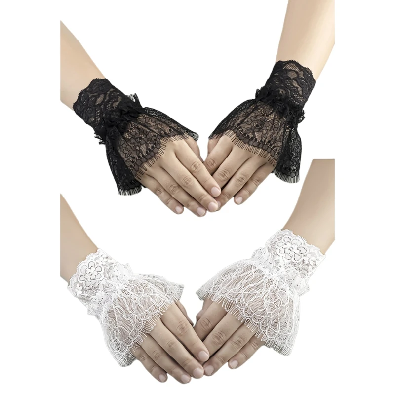 

P8DB Lace False Sleeves Pleated False Cuffs Hollow Wrist Decor Elastic Horn Cuffs