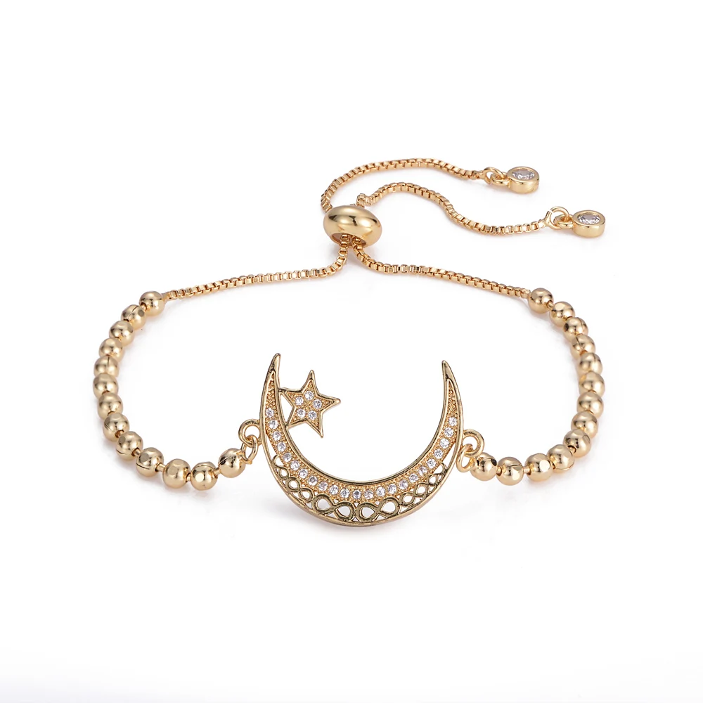 NEW Muslim Prayer Jewelry Supplies Gold Crescent Moon Star Bracelets For Women Men Adjustable Chain Allah Bracelet |