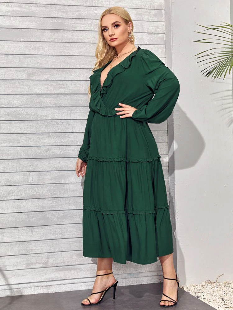 

Women V-Neck Cascading Ruffle Mid Dress British Style Casual Tiered Solid Color Long Sleeve Cotton Dresses