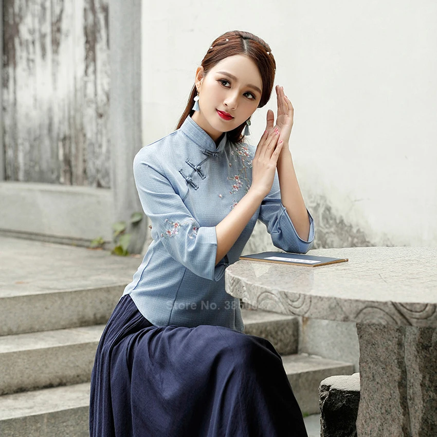 Женское платье Ципао Древний китайский топ Чонсам с вышивкой льняная юбка