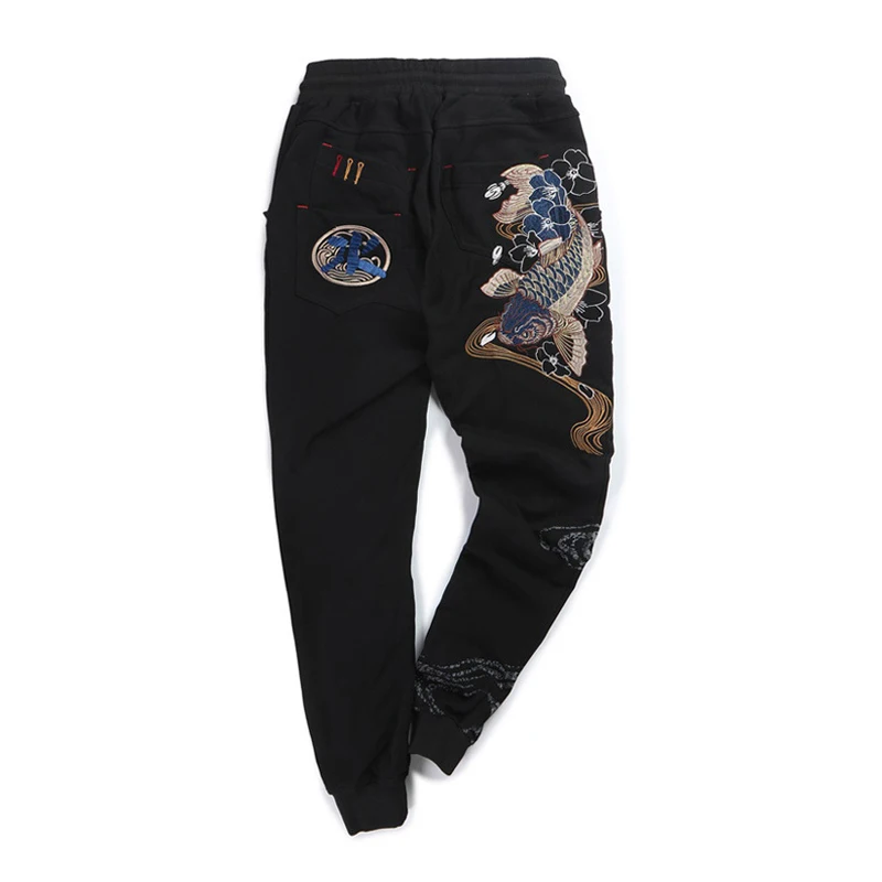 

2020 New Arrival Embroidery Carp Casual Fashion Brand Velvet Trousers Elastic Waist Full Length Loose Cotton Pants Men Cargo