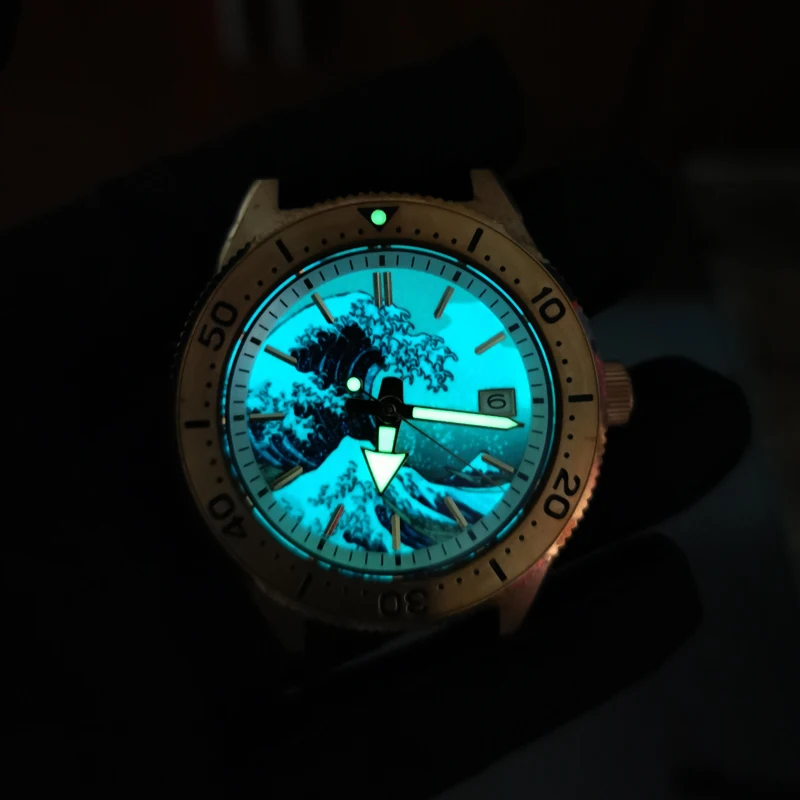 

Cronos Bronze Diver Men Watch Automatic Rotate Bezel Waffle Rubber Strap KANAGAWA Wave Dial Full Lum