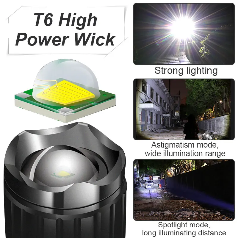 

LED Flashlight 10W Ultra Bright Zoom Torch Portable Ignition Zoomable Flashlight for Camping Hunting USB Rechargeable Lamp Light