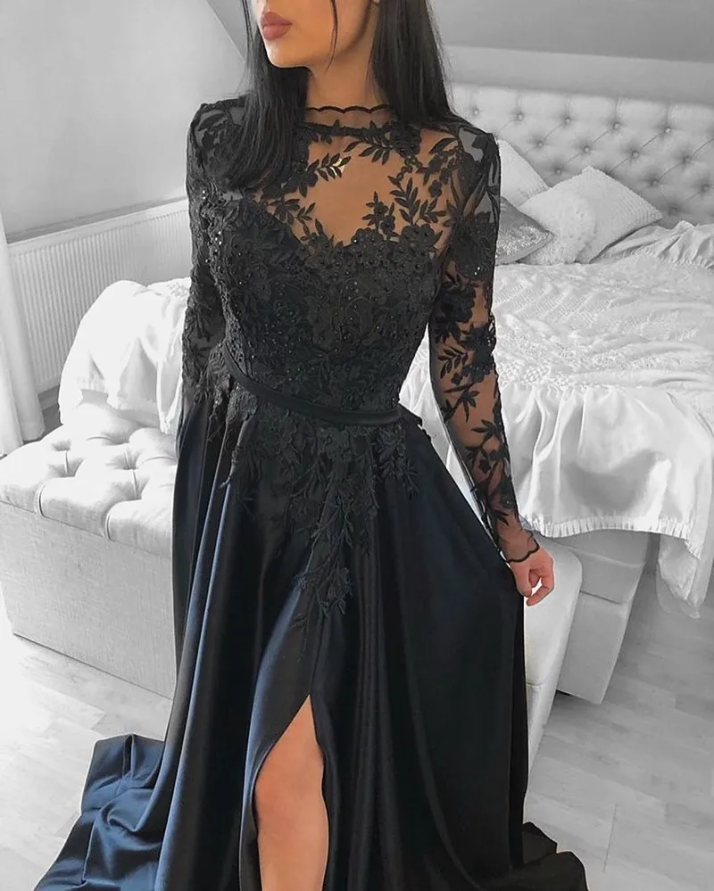 

Black Evening Dress Long Sleeves Split Satin A-line High Neck Sexy Applique Sequin Sweep Train Prom Dress sukienki wizytowe