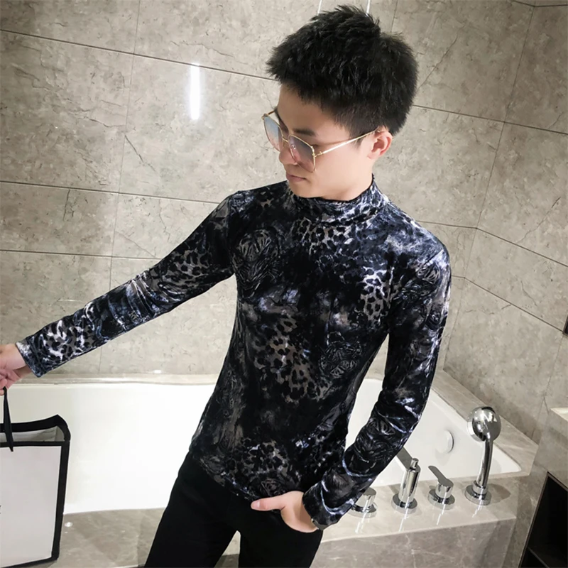 

Men's sweater, stylish gray-blue tiger head print design, long-sleeved high collar.Slim-fit casual mens bottoming shirt M-3XL