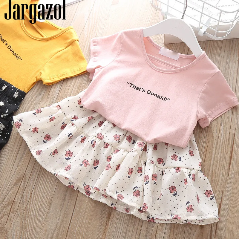 

Jargazol Kids Clothes Girls Summer Fashion Letter Printed Shirt&flower Skirt Korean Cute Outfits Little Children Clothing Set