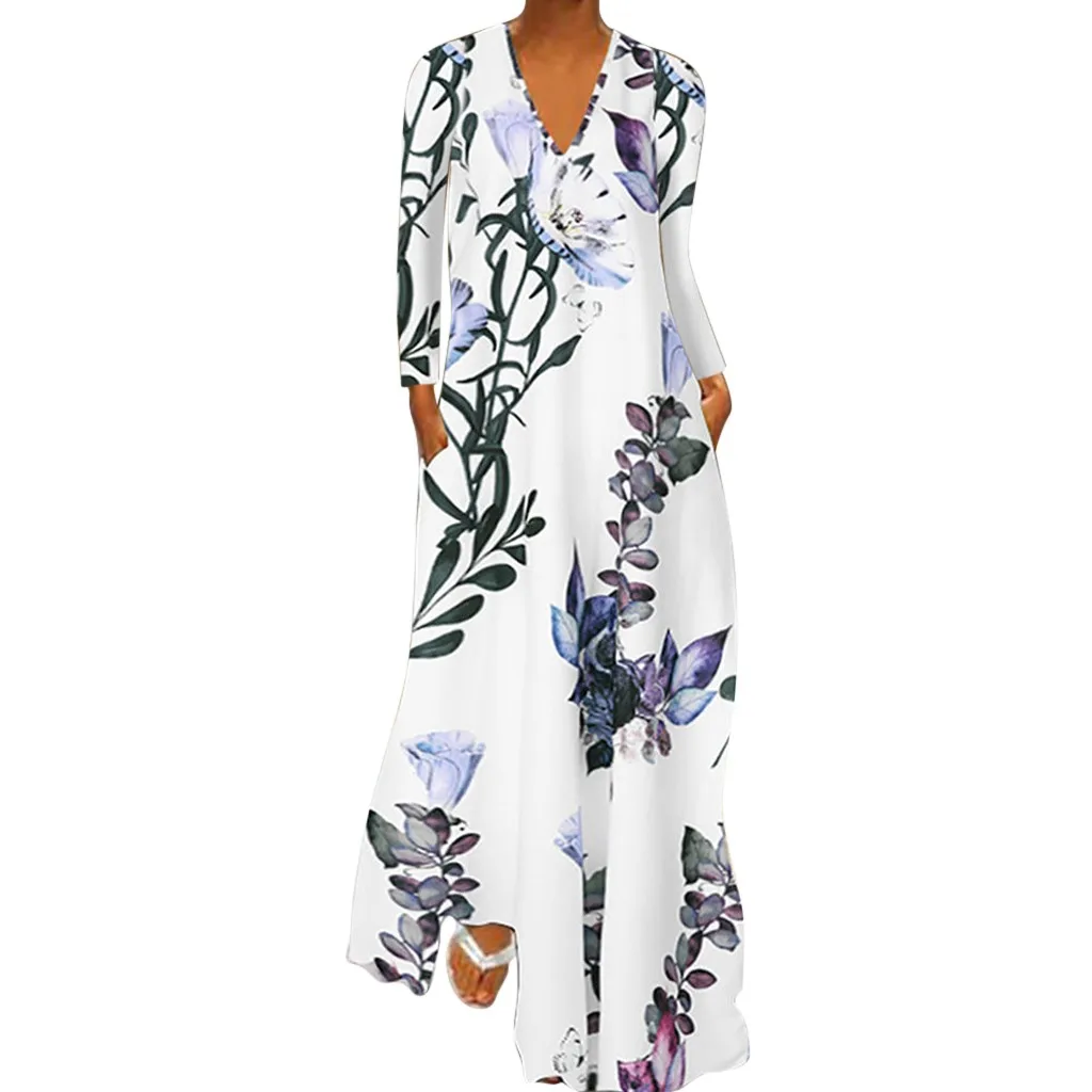 MISSOMO vestidos, макси платье, женское Повседневное платье размера плюс 5XL, женское платье с v-образным вырезом, с цветочным принтом, с длинным рукавом, свободные платья, платье для вечеринки 910