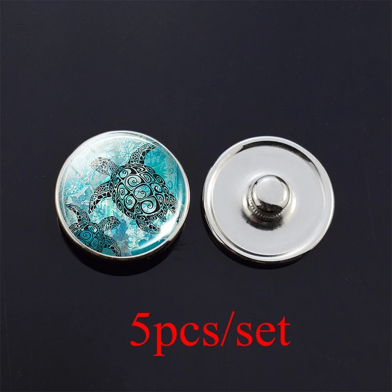 

5PCS Sea Turtle Starfish Dolphins Print 18mm Snap Button Glass Cabochon Press Buttons Diy Charms Fit Snap Bracelet Accessories