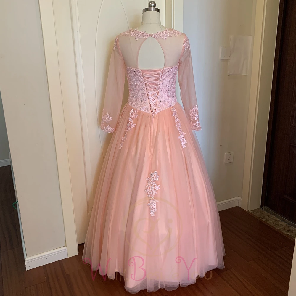 Бальное платье Quinceanera 2021 розовое длинное в пол с длинными рукавами кружевной