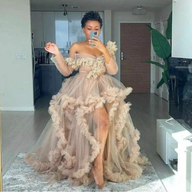 

Extra Puffy Prom Dress Emerald Plus Size Photography Maternity Shoot Ruffles Sheer Illusion Prom Dresses Tulle Robe De Soiree