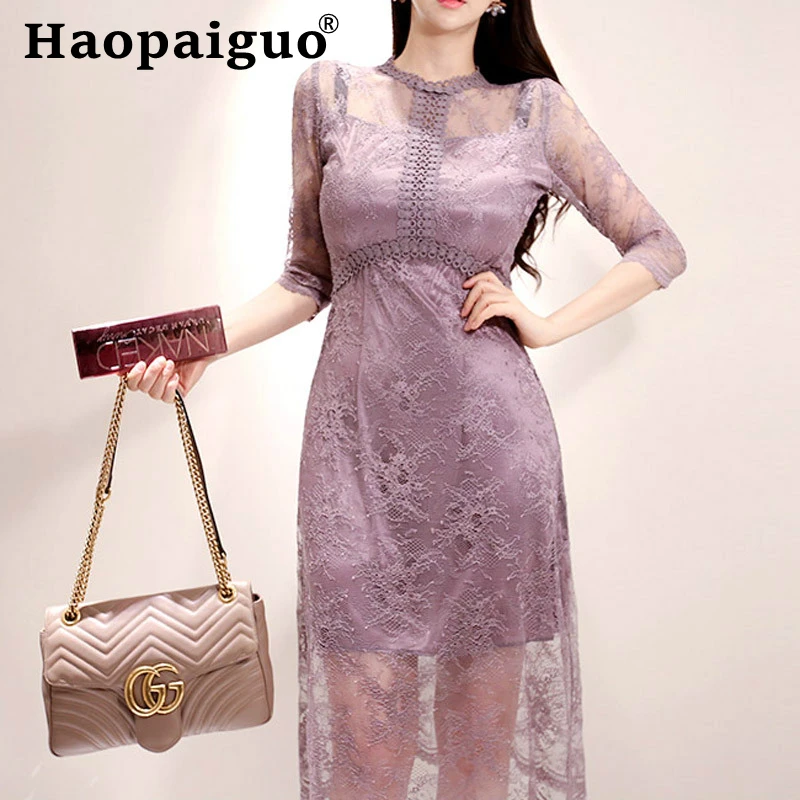 Контрастное осеннее кружевное платье большого размера женское повседневное