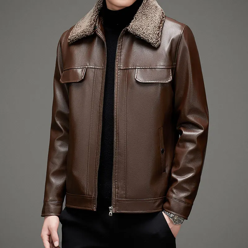 

2022 Men's New Polo Collar Fleece-Lined Warm Pu Zipper Casual Leather Jacket