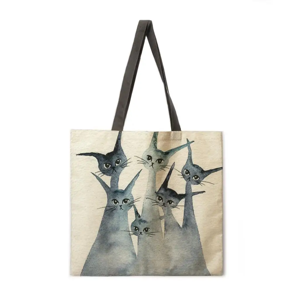

Whimsical cat cat casual tote bag linen bag reusable shopping bag outdoor beach bag casual tote bag