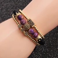 high quality golden cz ball crown mens bracelets 8mm black lucky stone beads bracelet for women men