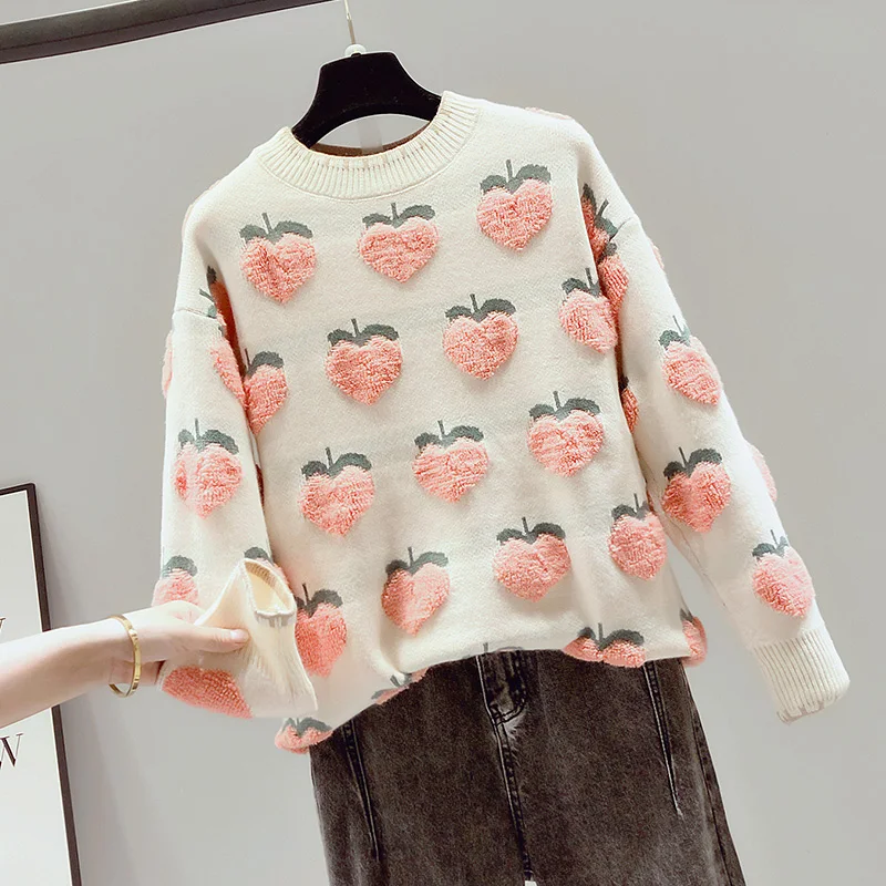 Женский трикотажный свитер с принтом персика в японском стиле | Женская одежда