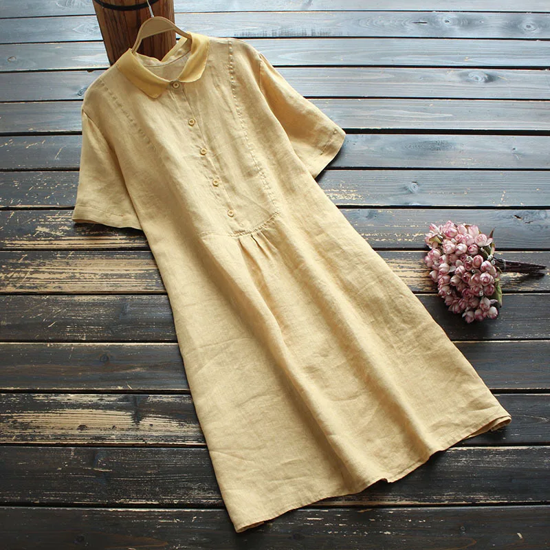 

8020New summer women's clothes dress artistic organza lapel short sleeve casual Ramie solid color midi skirt
