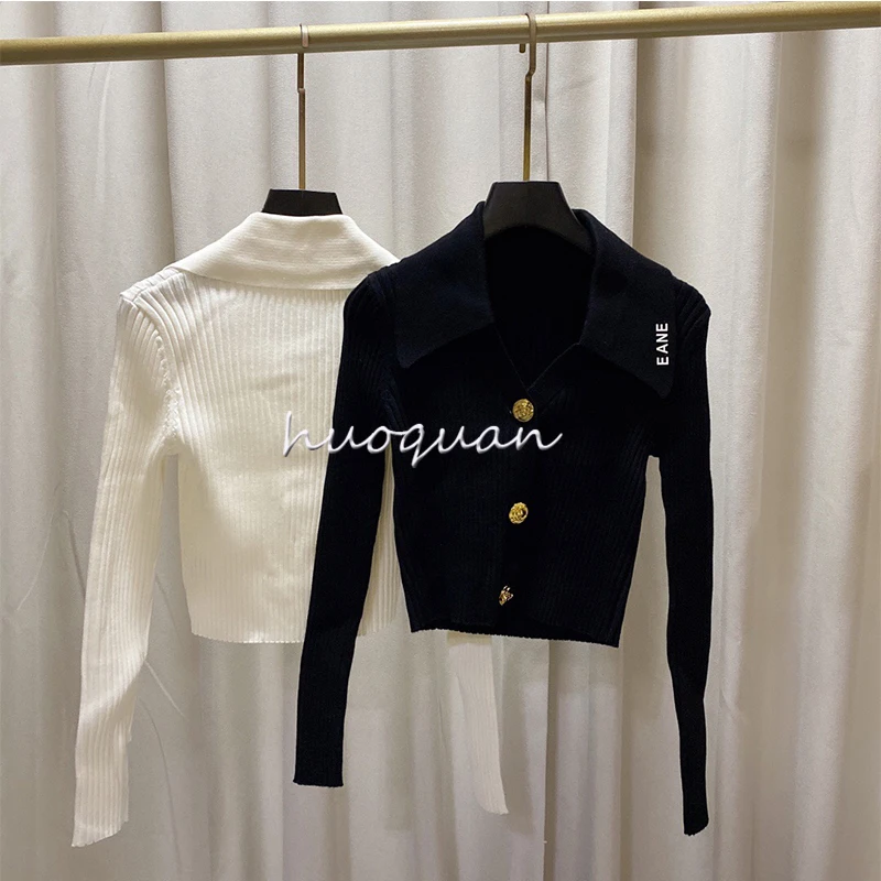 

Elegant Turn Down Collar Knitted Long Sleeve Sweater Women Solid Cropped Pullover Winter Spring Fashion Tretch Jumpers