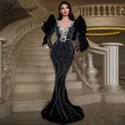 Черное вечернее платье-русалка, с глубоким V-образным вырезом, длинными рукавами и кристаллами, вечерние шенное бисером, из Дубая, арабские официальные платья