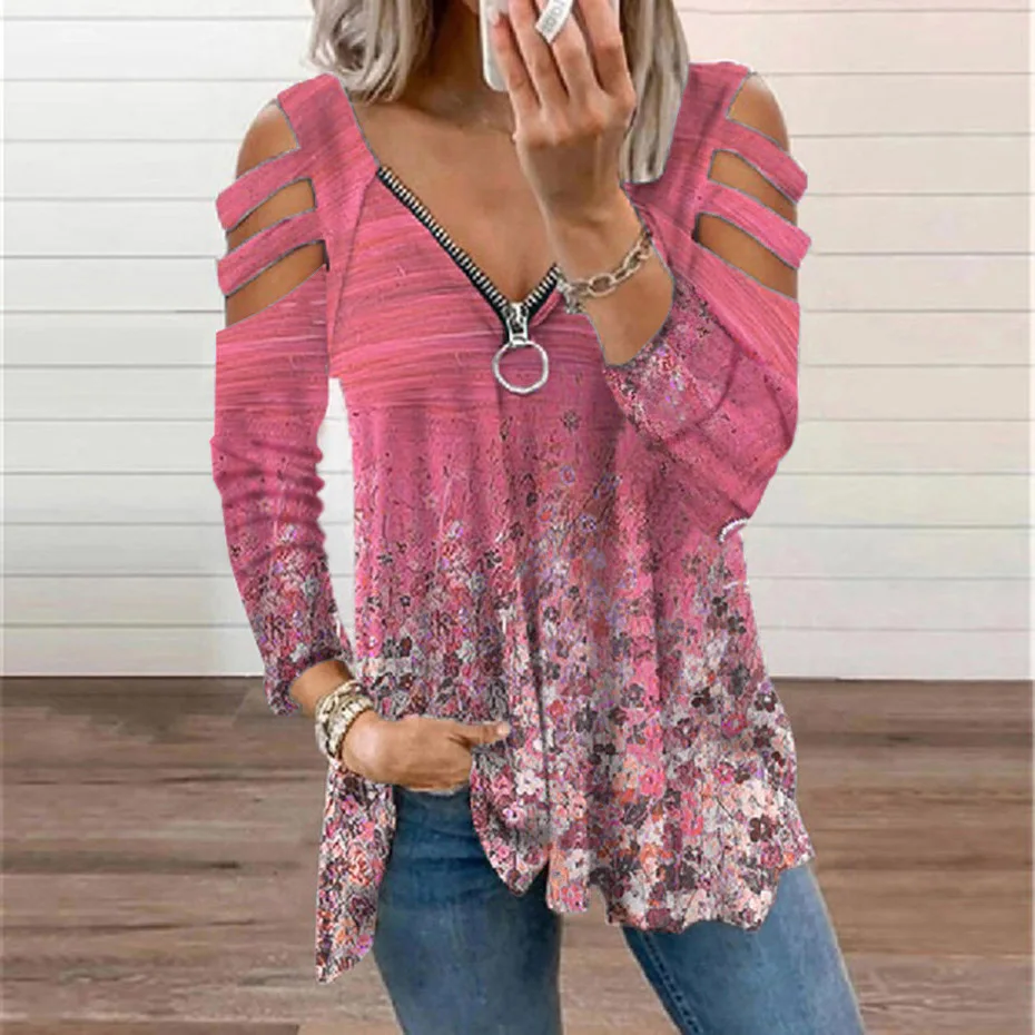 

5XL Long Sleeve Clothes Women T Shirt V Neck Zipper Tee Oversized Floral Print T Shirts Ladies Casual Autumn Top Fashion Camisas