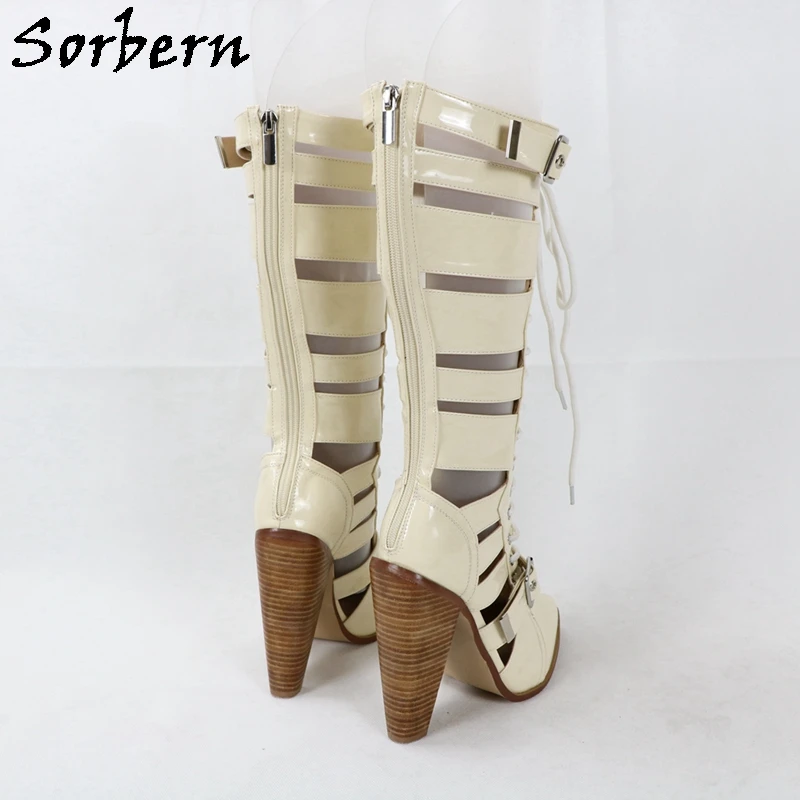 

Sorbern Beige Patent Summer Boots Block Heels Pointed Toe Knee High Lace Up Front Custom Wide Or Slim Fit Legs Boots Punk Styles