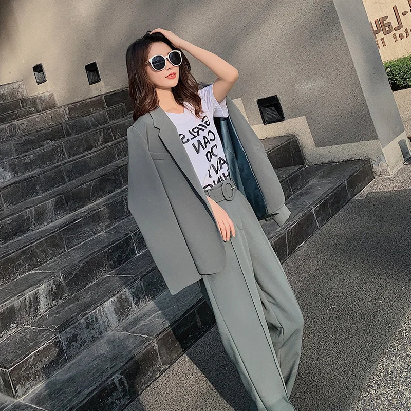 Women's suit 2019 autumn and winter new casual fashion temperament loose wild color single buckle two women's sets |
