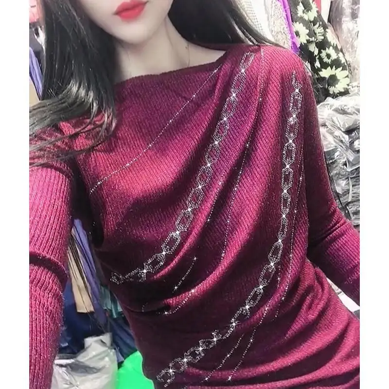 

2021 Autumn Winter New Bottoming Shirt Fashionable Hot Diamond Women's Wear Versatile T-shirt Women's Fashion Inner Long Sleeve