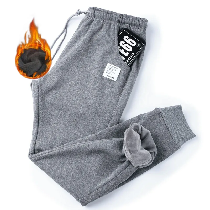 Thick Fleece Jogger Mens Pants Cotton Trousers Male Winter Warm Velvet Sweatpants Tracksuit Joggers Autumn Winter M-4XL - Цвет: light gray1
