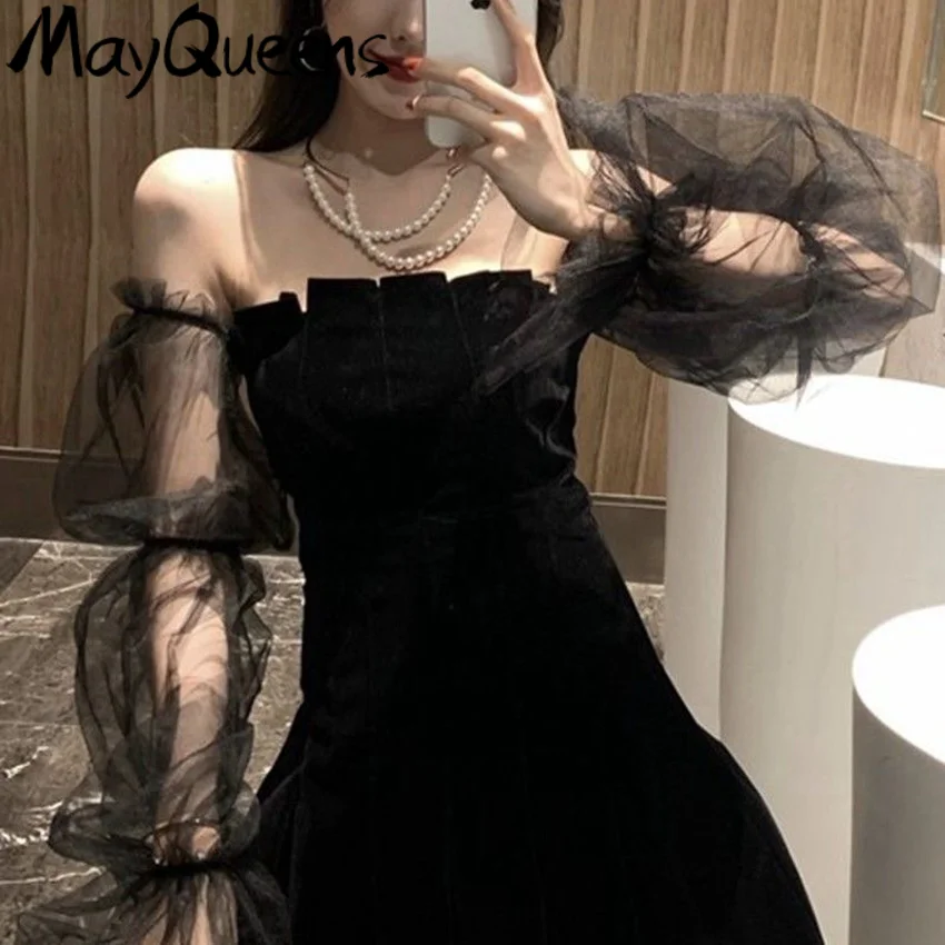 

MayQueens Vintage Gothic Dress For Women 2020 Aesthetic Strap Pleated Dress Chic Punk Grunge Mesh Sleeve Y2K Dress Summer Clothe