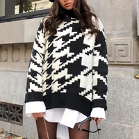 geometric houndstooth knit casual retro mid length lapel loose pullover sweater 2021 autumn and winter new long sleeved tops