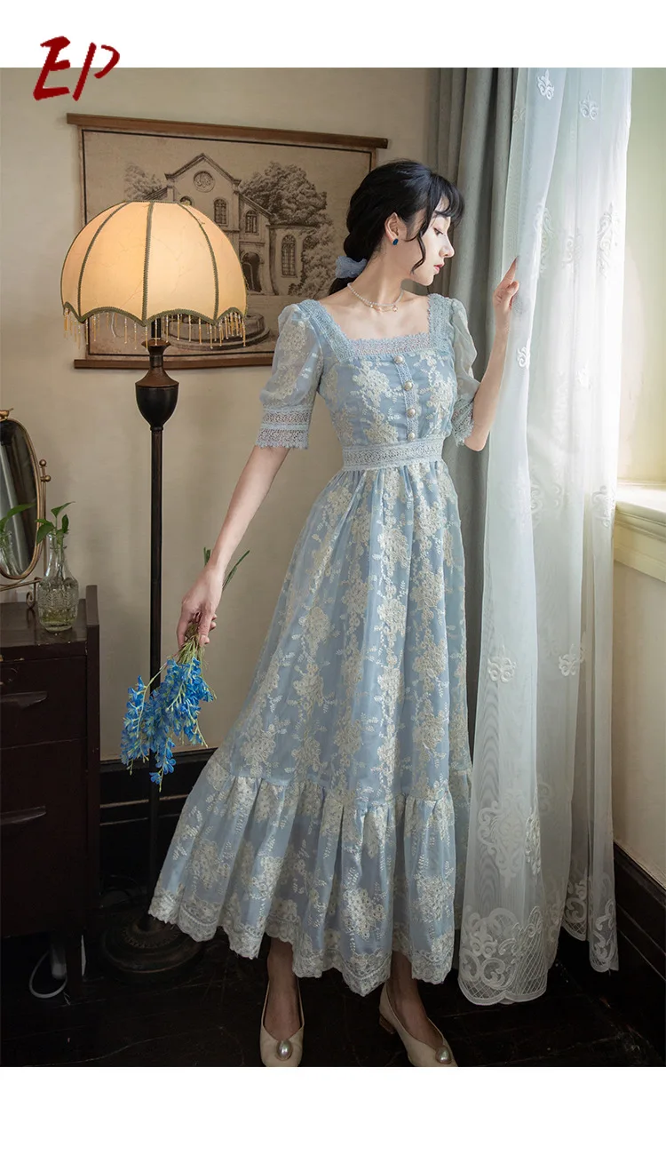 

EP New Women Vintage Art Small Fresh Embroidery Square Collar French First Love Skirt Fairy Dress