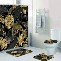 black and gold tropical plant palm leaf bathroom shower curtain set for bathtub exotic leaves bath mats rugs toilet home decor
