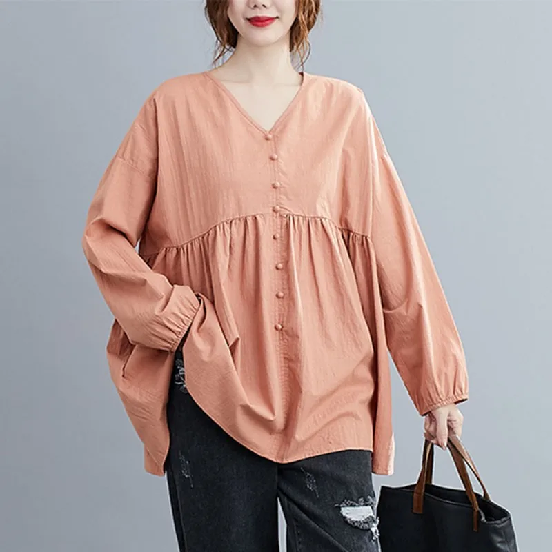 

Oversized Women Long Sleeve Blouses Shirts New Arrival 2020 Autumn Vintage V-neck Solid Color Loose Female Casual Tops S2009