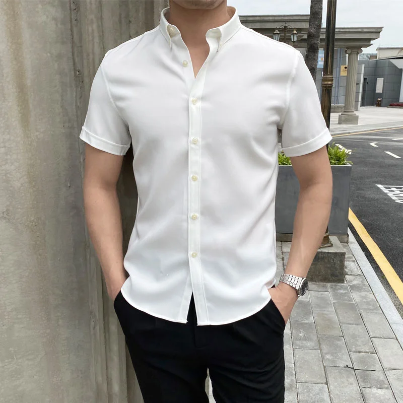 

Italian Summer Men Short Sleeve Simple Shirt British Casual Slim Shirt Camisa Masculina Social Shirt Dress Moda Hombre 2021