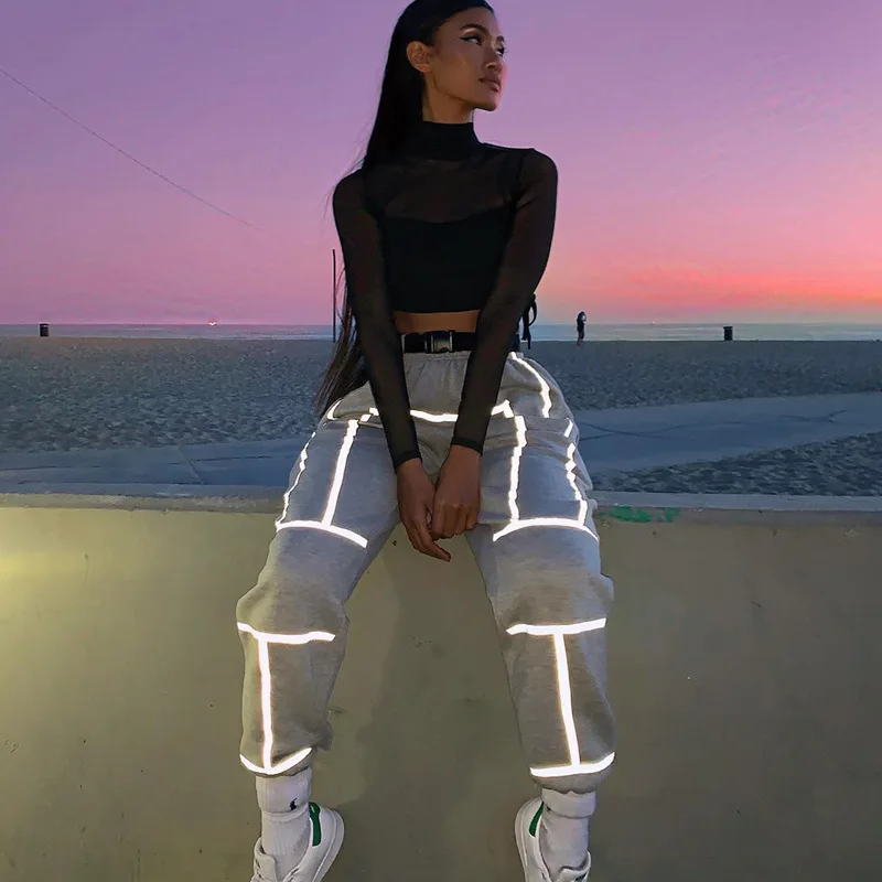 

Fashion Reflective Striped Pants Casual Jogging Sweat pants Loose Pencil Pants 2021 New Fall Women's Street Casual Belt Trousers