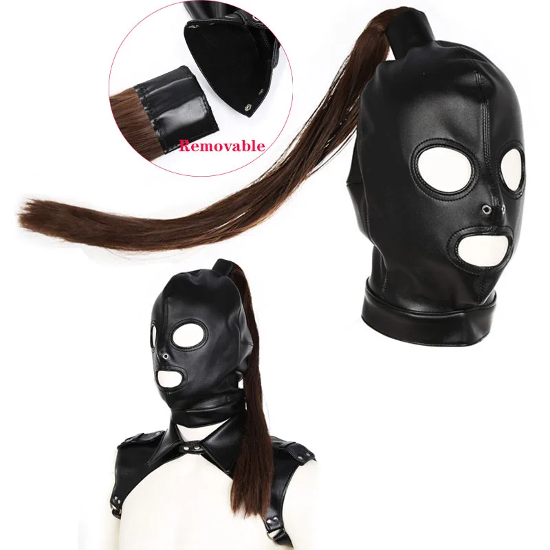 

БДСМ, бондажная маска на всю голову, капюшон унисекс, женская маска-ведомого секса со съемным париком, головной убор, фетиш, костюм для косплея, сексуальная игрушка для геев