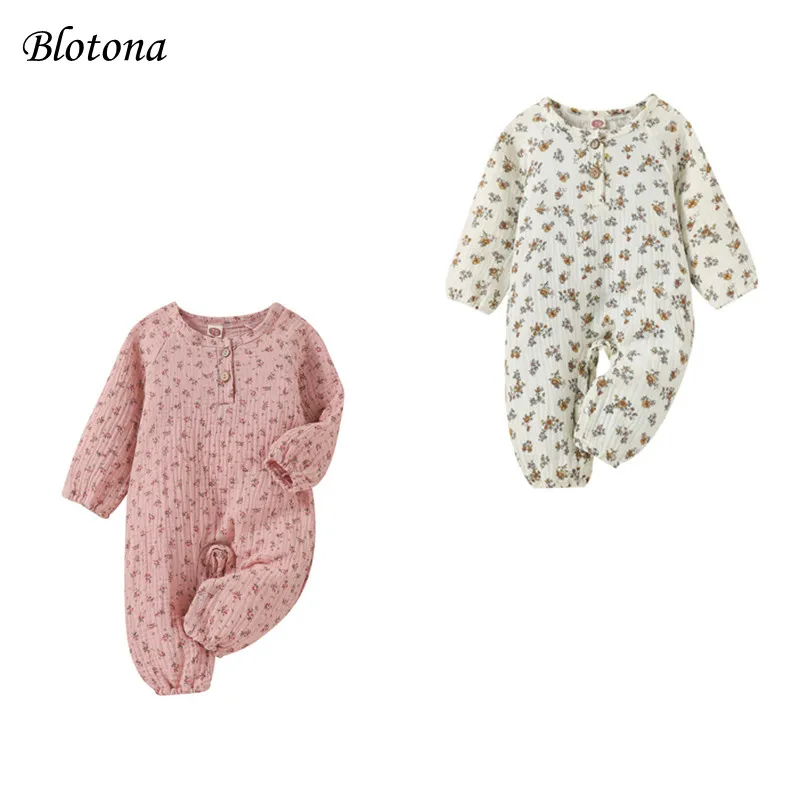 

Комбинезон детский из хлопка и льна, с цветочным узором, длинным рукавом, круглым вырезом, для весны, осени, от 0 до 18 месяцев