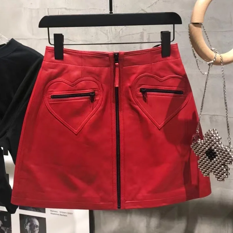 

SHZQ Women Real Sheep Leather Skirt