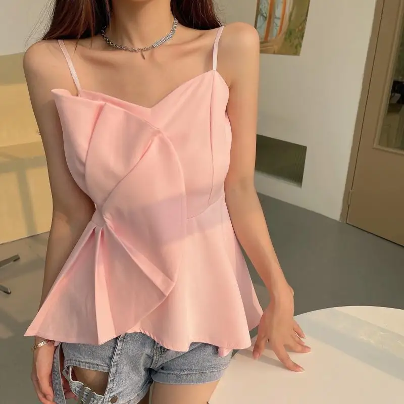 

Harajuku New Summer Ladies Crop Top V-Neck Chic Fashion Hot Solid Color Cotton Design Sense Bow Slim Casual Female Tank Tops