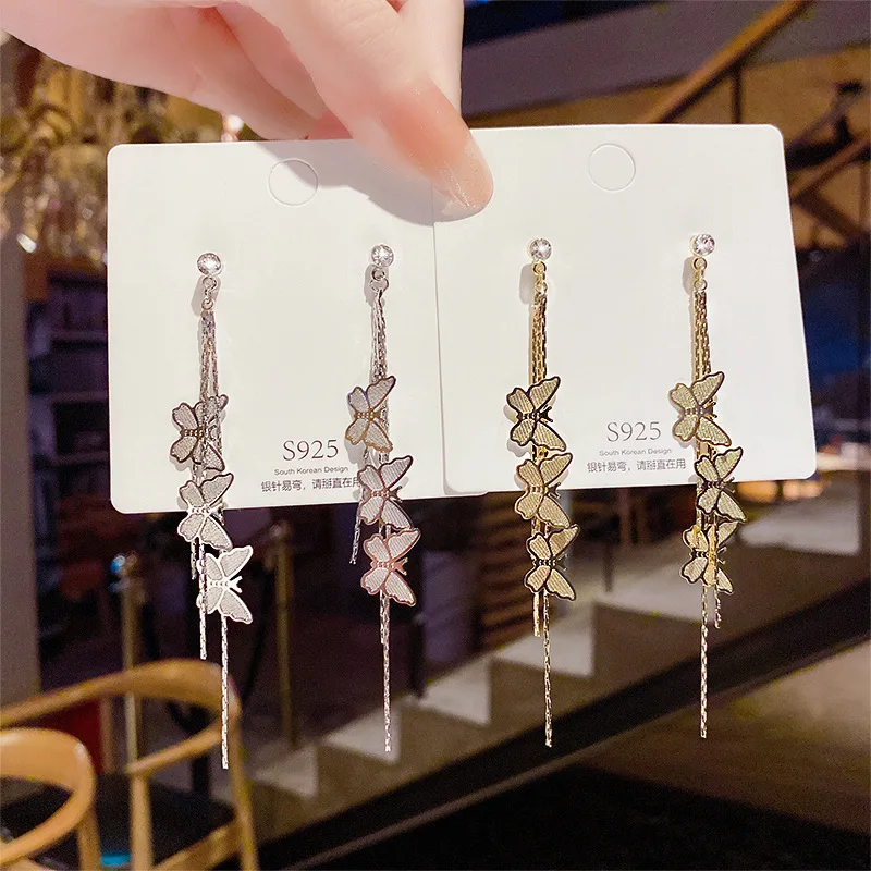 

925 Silver Earrings for Women Butterfly Long Tassel Hanging Earrings 2021 Trend Temperament Dangle Earring Jewelry