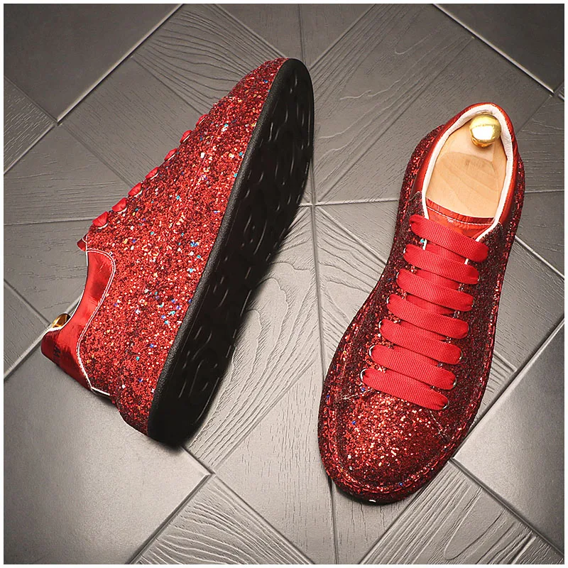 spesifikasi Sneakers Pria Bermerek Payet Hip-Hop Sepatu Bot Selebriti Jaring Bling Pelatih Bawah Tebal Merah Biru Berpayet Sepatu Pergelangan Kaki Zapatillas Hombre