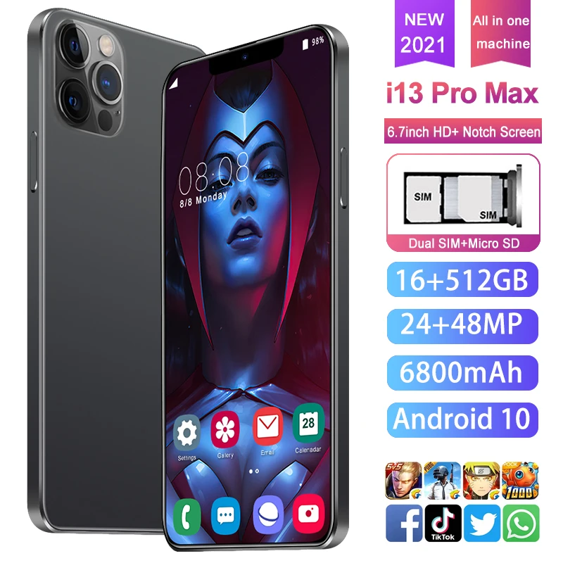 

Global Version I13 Pro Max Smartphones MTK6889 24+48MP 6800mAh Android10 12GB+512GB 6.7Inch 4G/5G 10 Core Face Unlock Cellphones