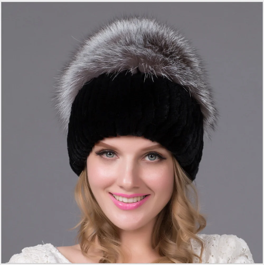 Russian Womens Hats Winter Warm Luxury Fox Fur Top Beanie Hat Handmade Knitted Lady Caps Real Rex Rabbit Fur Hats For Women