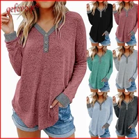 autumn street casual women v neck solid color loose single breasted top lady all match popularity long sleeve clothing