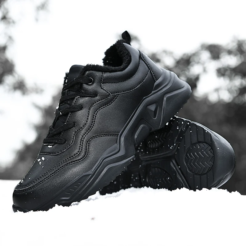 

Men Cotton Shoes Winter Flat Black Casual Male Footwear Plush Non-slip Thick Bottom Boots Comfortable Leather Lace-up Sneakers