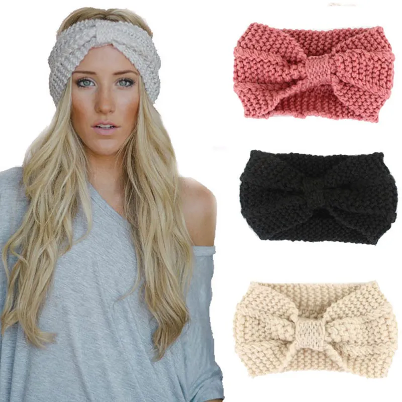 

ободок для волос Winter Warmer Ear Knitted Headband Turban For Women Crochet Bow Wide Stretch Solid Hairband Quality Headwrap