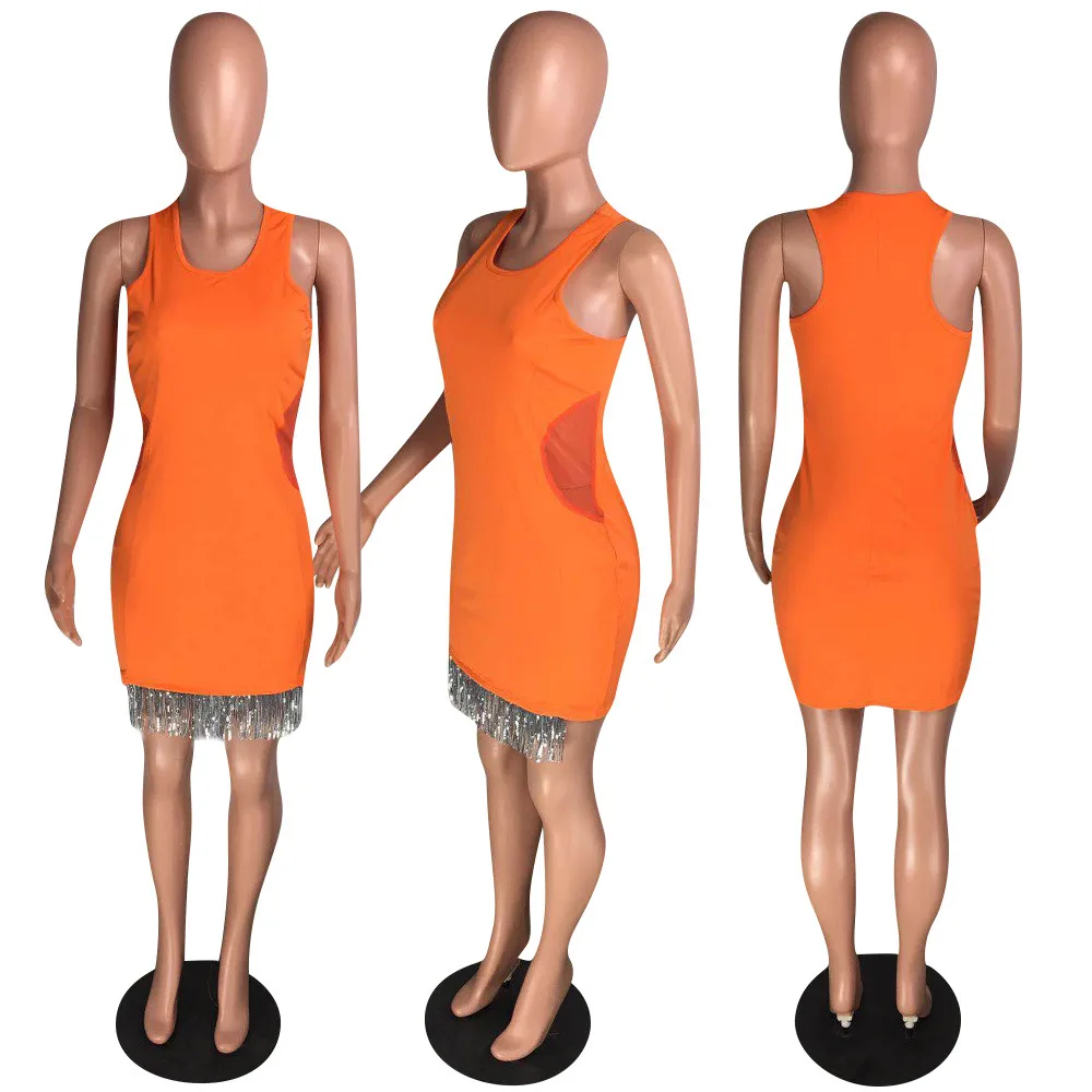 2019 сексуальное Сетчатое облегающее короткое платье с кисточками круглым вырезом